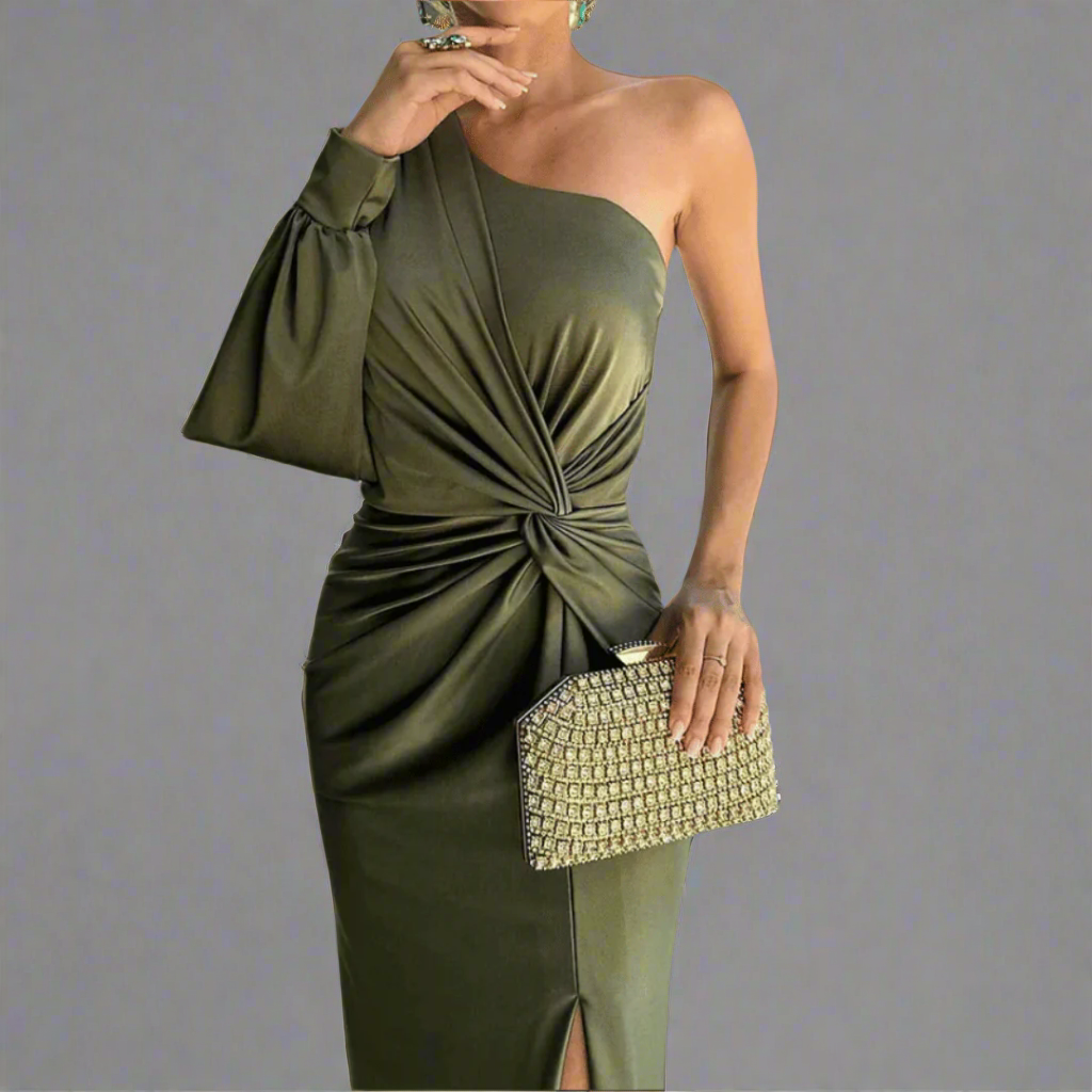 One-Shoulder Front-Slit Gathered-Waist Maxi Dress