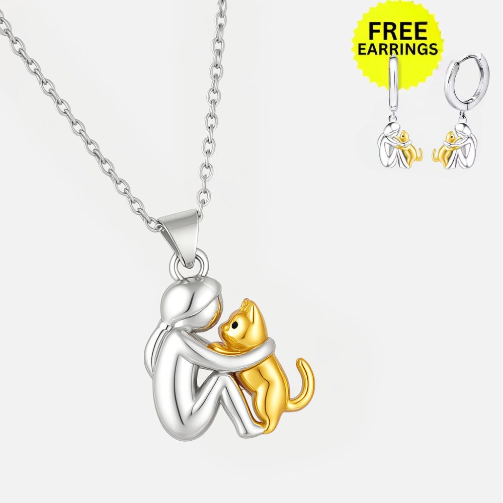 Cat Hug Pendant Necklace and Earrings Set