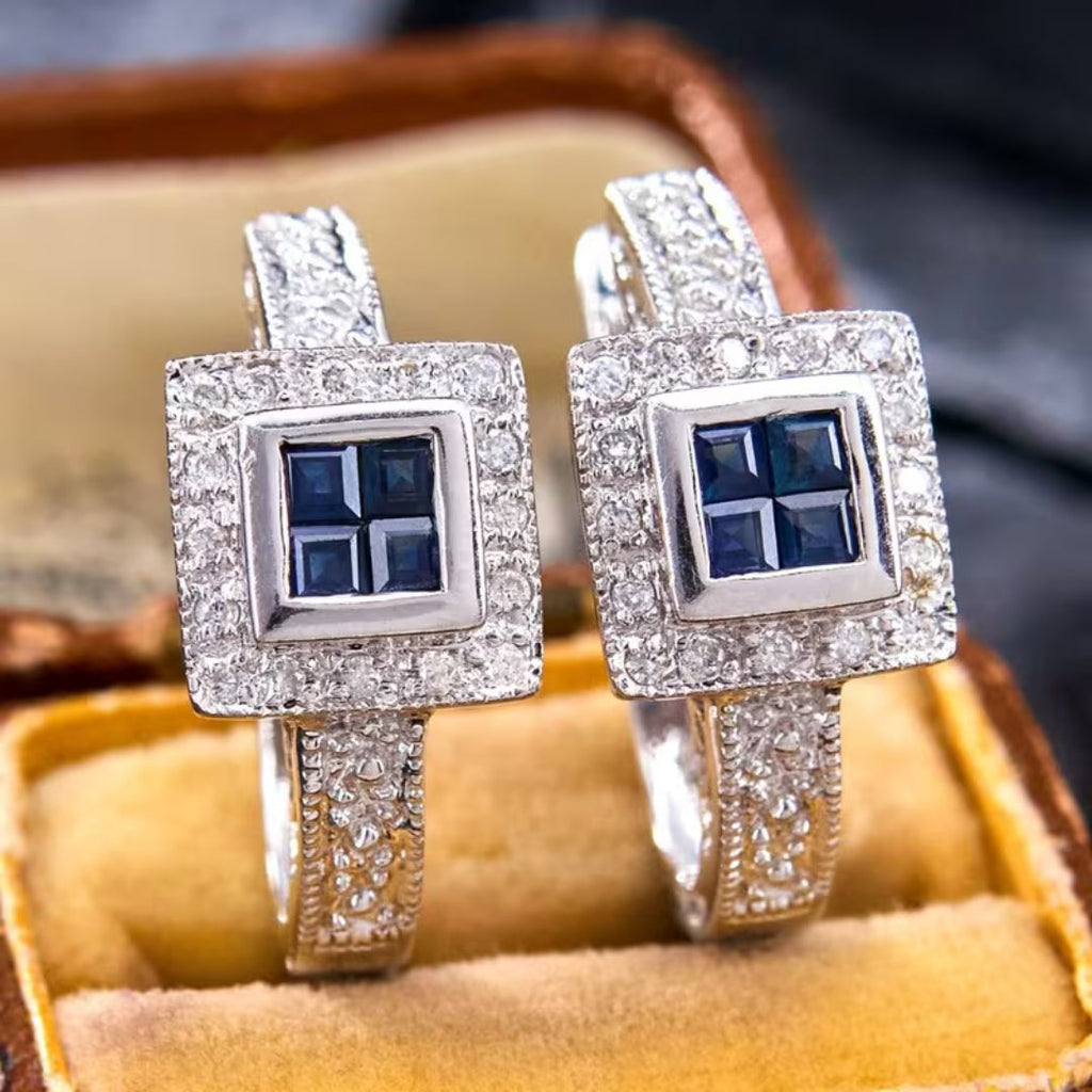 Royal Blue Square Halo Earrings