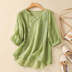 Embroidered Mid-Sleeve Blouse with Asymmetric Button Front