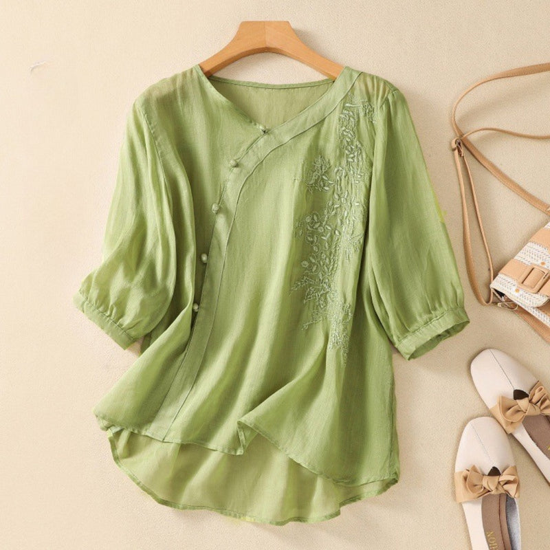Embroidered Mid-Sleeve Blouse with Asymmetric Button Front