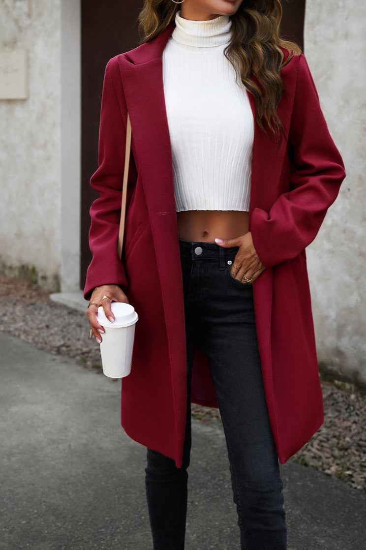 Solid Colour Longline Coat with Notched Collar and Buttons