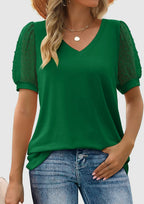 Puff Sleeve V-Neck Blouse with Dot Pattern