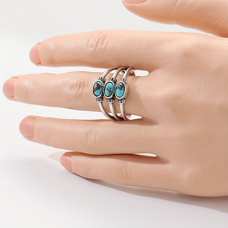 Vintage-Style Boho Triple Turquoise Silver-Tone Ring