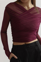 Mesh Wrap Top with Long Sleeves