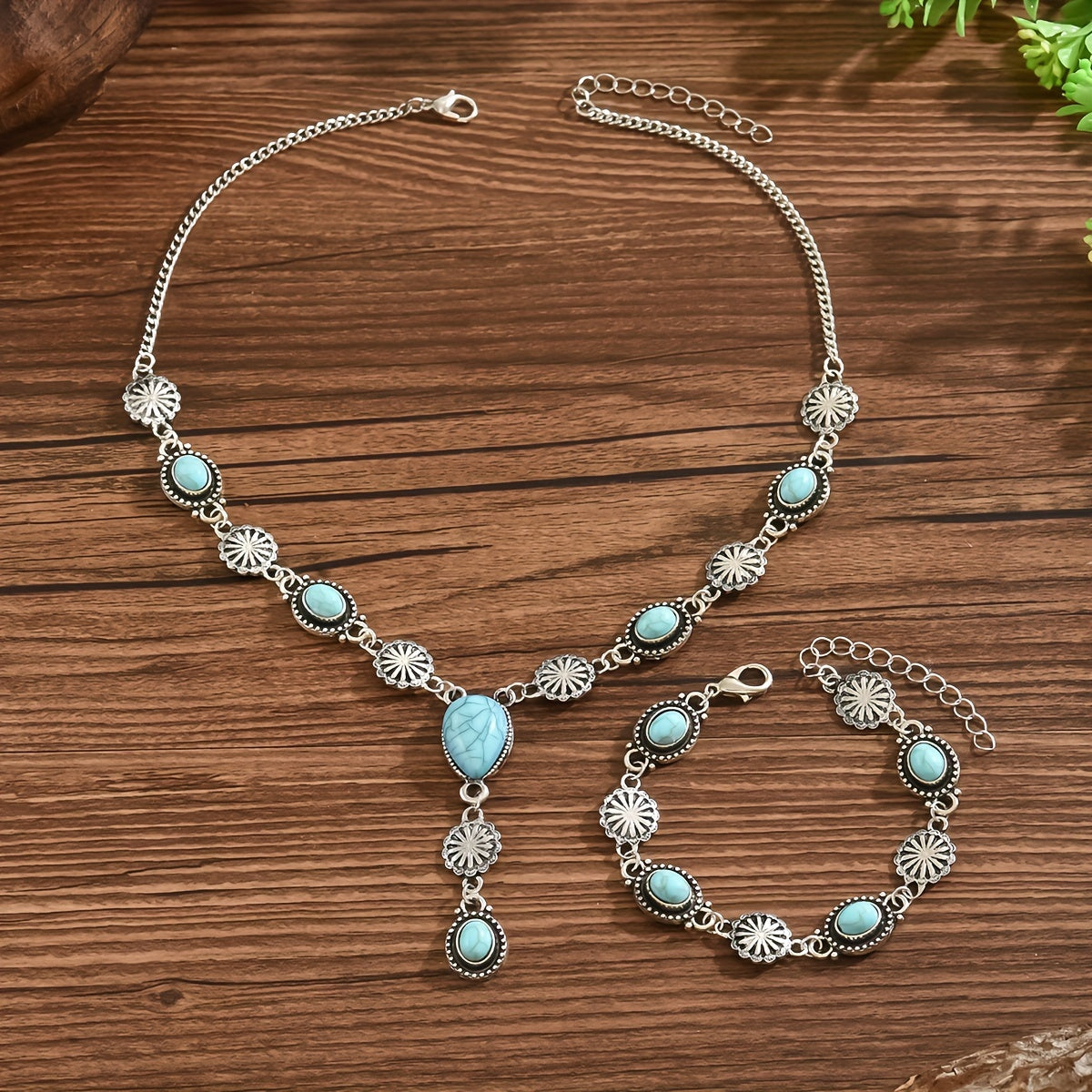 Bohemian Turquoise Floral Necklace and Bracelet Set