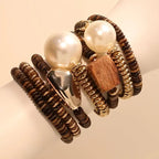 Wooden Bead Bracelet with Gold-Tone and Pearl Accents