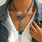 Vintage Bohemian Turquoise Bead Leaf Pendant Necklace