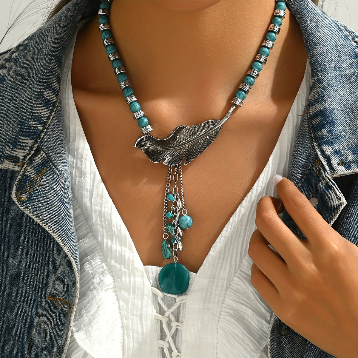 Vintage Bohemian Turquoise Bead Leaf Pendant Necklace