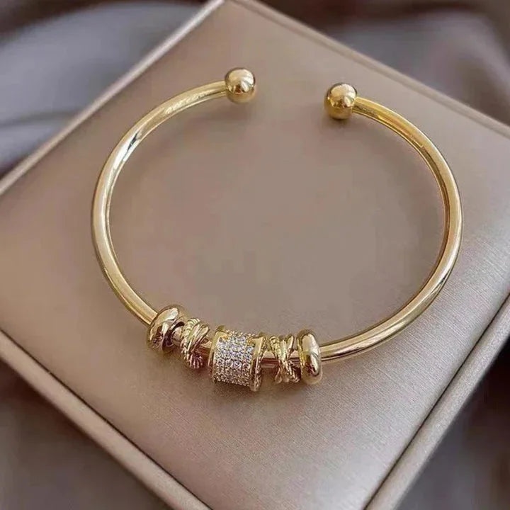 Adjustable Gold-Tone Open Cuff Bracelet with Bead Charms
