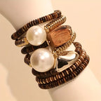 Wooden Bead Bracelet with Gold-Tone and Pearl Accents