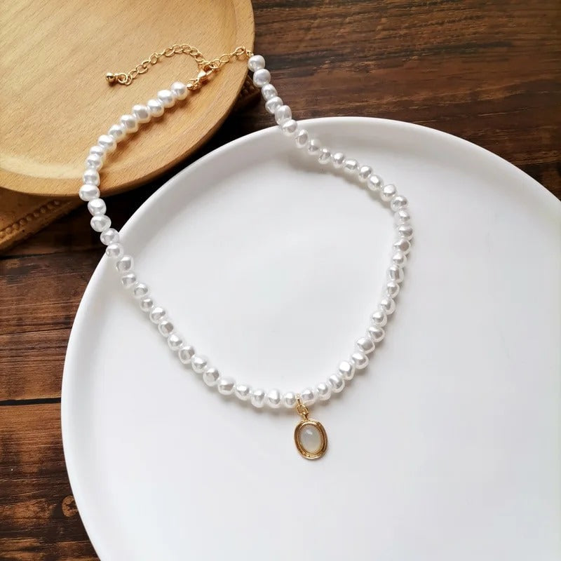 Pearl Strand Necklace with Moonstone Pendant