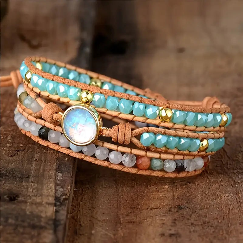 Aquamarine Crystal Wrap Bracelet with Moonstone Centrepiece