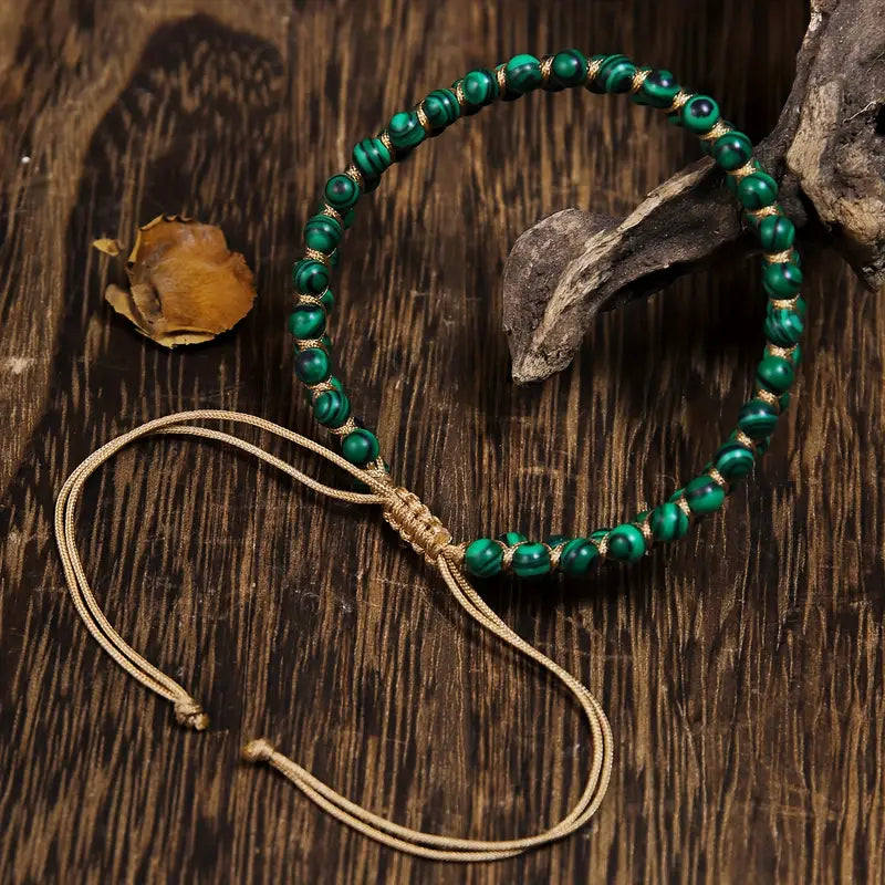 Malachite-Pattern Green Bead Bracelet with Gold-Tone Weave