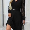 Lace Sleeve Midi Dress with Slim Belt and Flared Skirt