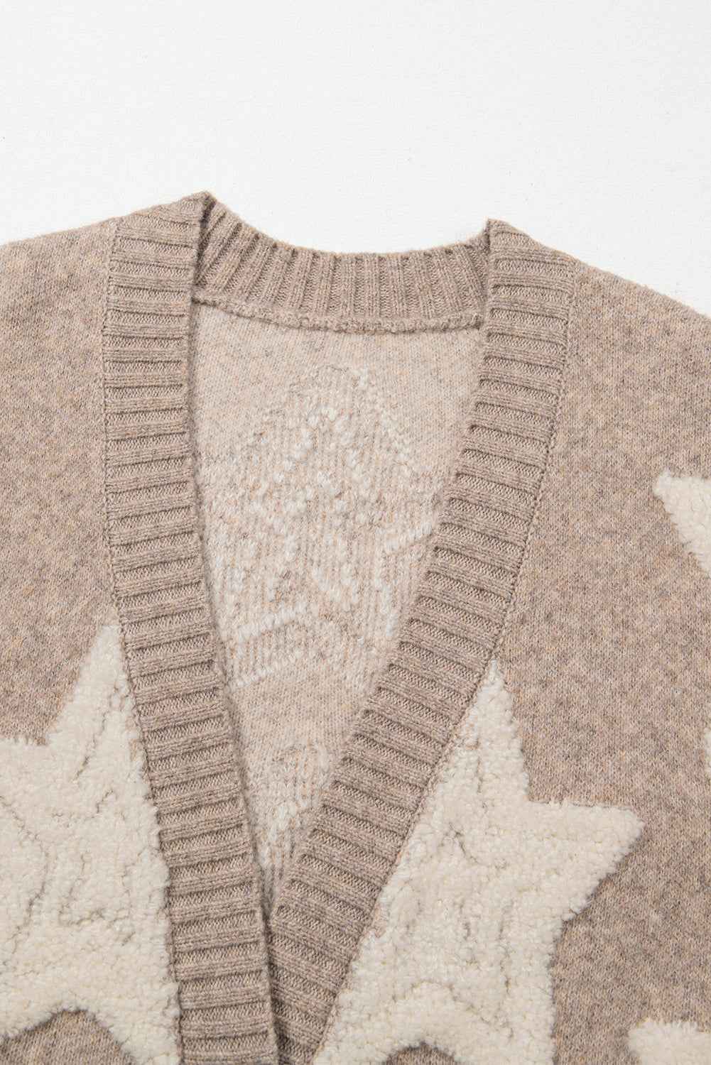 Star Print Sherpa Cardigan with V Neck and Front Pockets