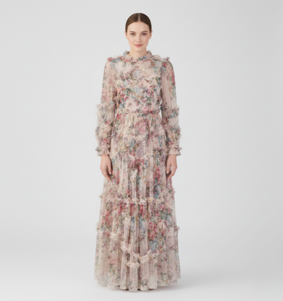 Floral Mock Neck Sheer Long Sleeve Maxi Dress