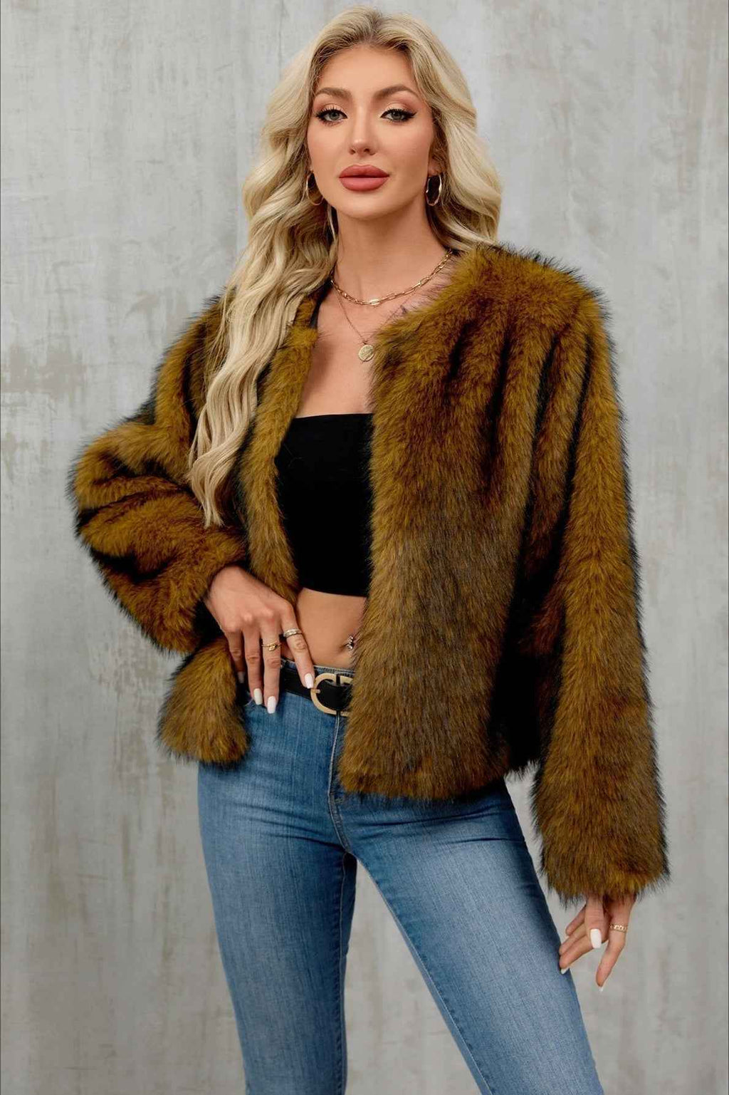Cropped Plush Cardigan with Crew Neck and Long Sleeves