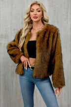 Cropped Plush Cardigan with Crew Neck and Long Sleeves