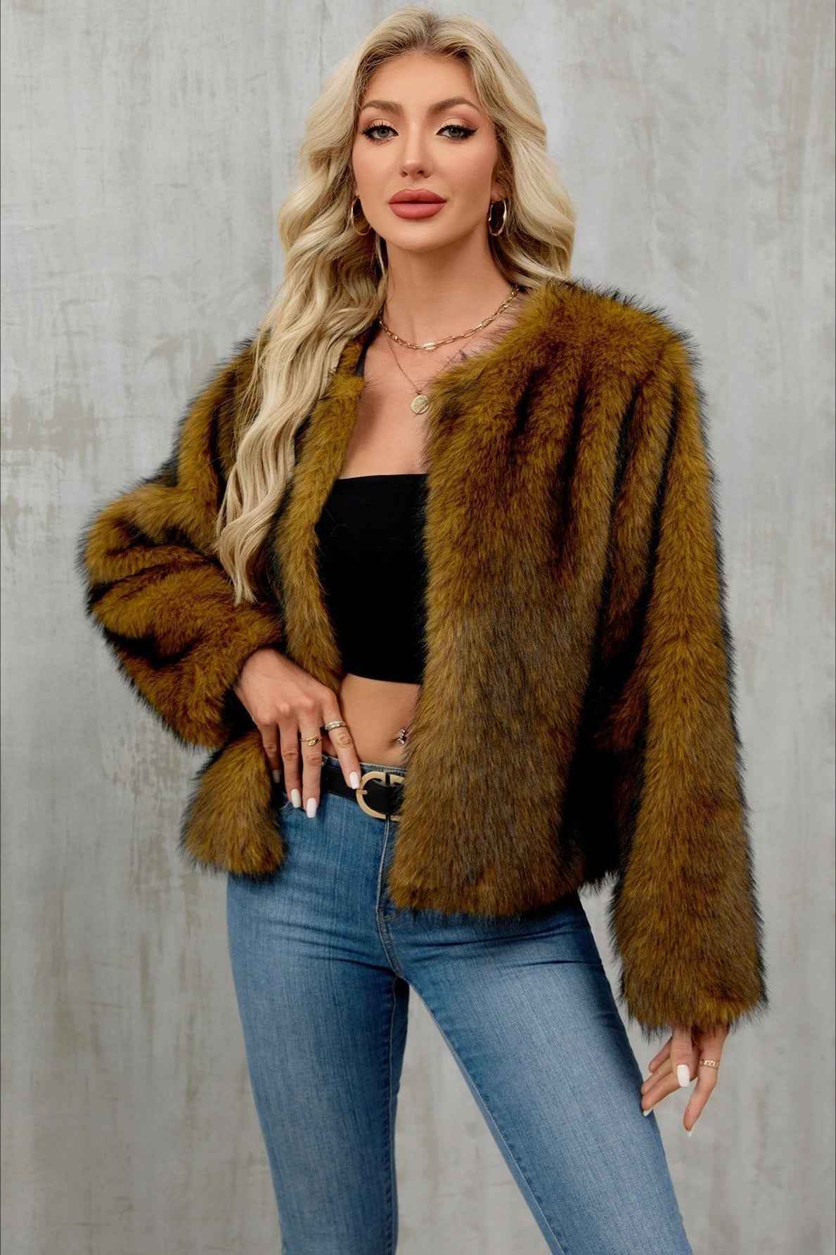 Cropped Plush Cardigan with Crew Neck and Long Sleeves