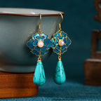 Vintage-Style Turquoise Floral and Pearl Drop Earrings