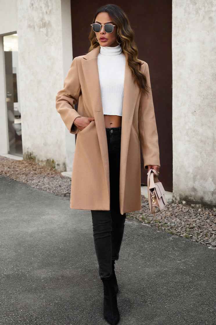 Solid Colour Longline Coat with Notched Collar and Buttons