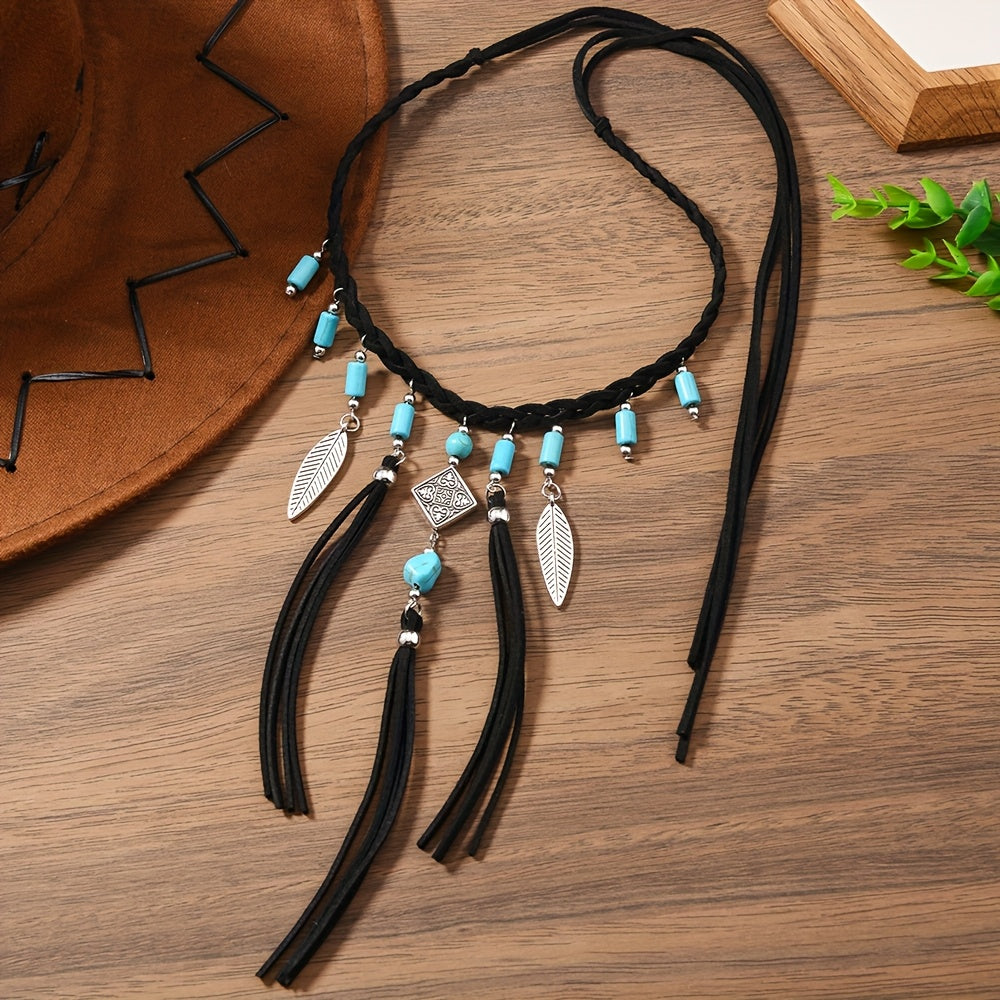 Bohemian Turquoise Bead Feather Tassel Necklace