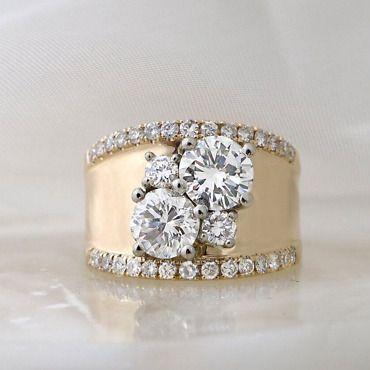 Gold-Tone Ring with Twin Round Zirconia and Pavé Band