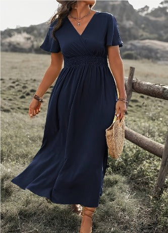 Flutter Sleeve V-Neck Wrap-Front Summer Maxi Dress