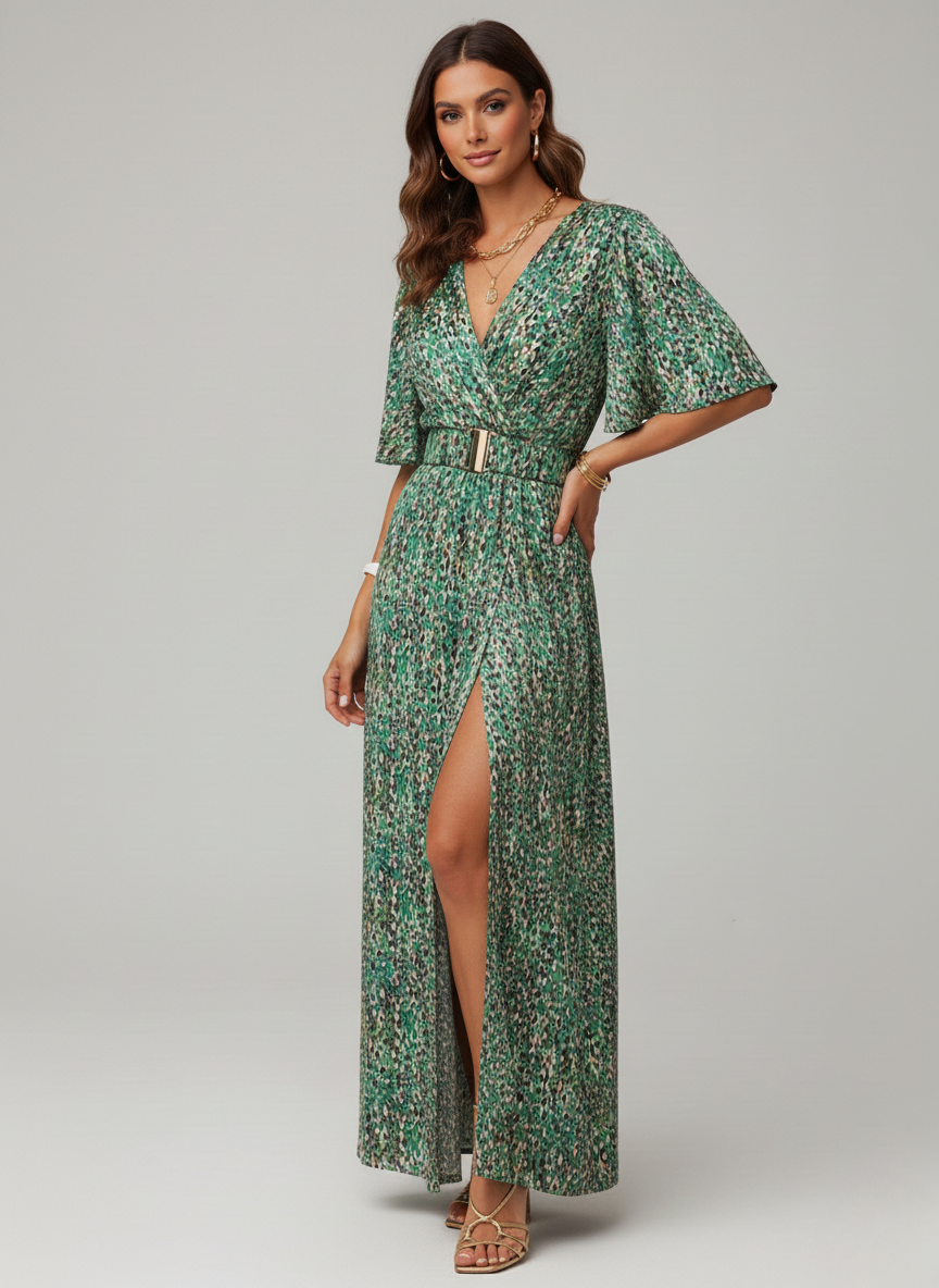 V-Neck Wrap Short Sleeve High-Slit Maxi Dress