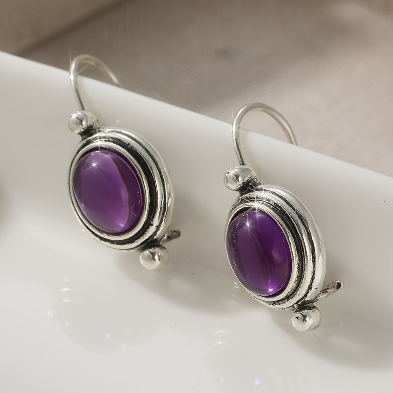Vintage Boho Purple Gemstone-Look Silver-Plated Drop Earrings