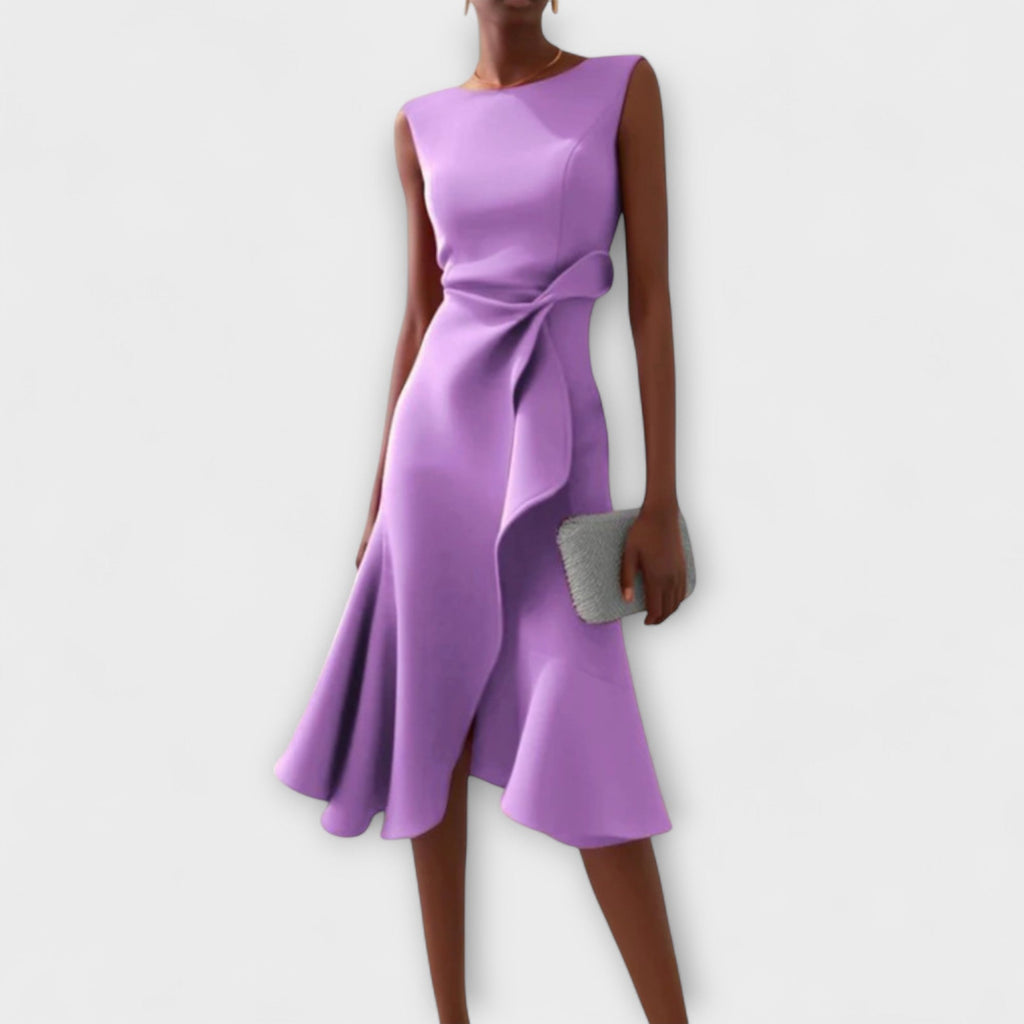 Sleeveless Midi Dress with Asymmetric Draped Skirt