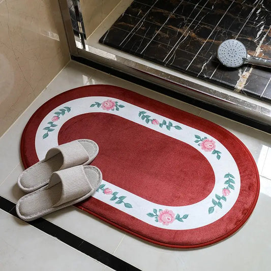 Pastoral Floral Polyester Bathroom Mat – Absorbent, Non-Slip, Oval, 40x60cm