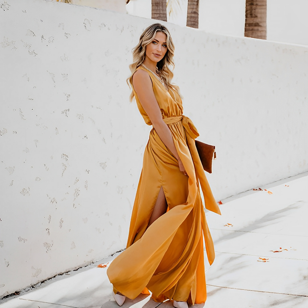 Sleeveless V-Neck Tie-Waist Wrap Maxi Dress