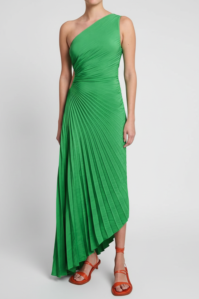 One-Shoulder Pleated Asymmetric Hem Maxi Dress