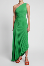 One-Shoulder Pleated Asymmetric Hem Maxi Dress