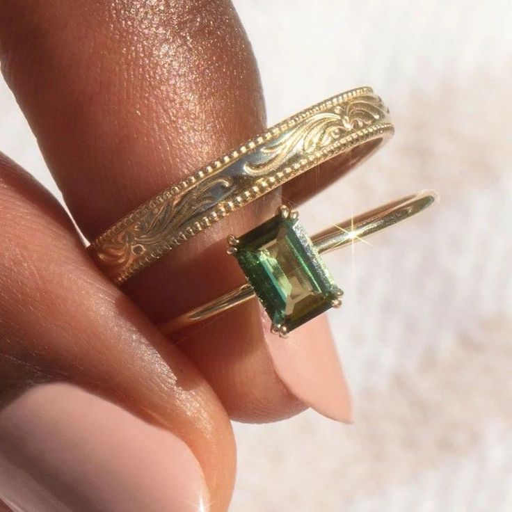 Vintage-Style Gold-Tone and Green Ring Set