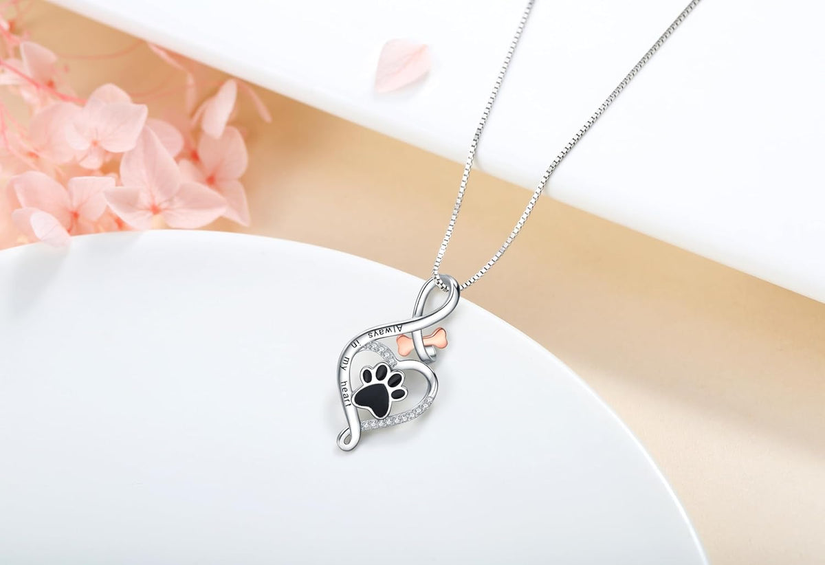 Lucky Paw Heart Pendant Necklace with Bone Charm