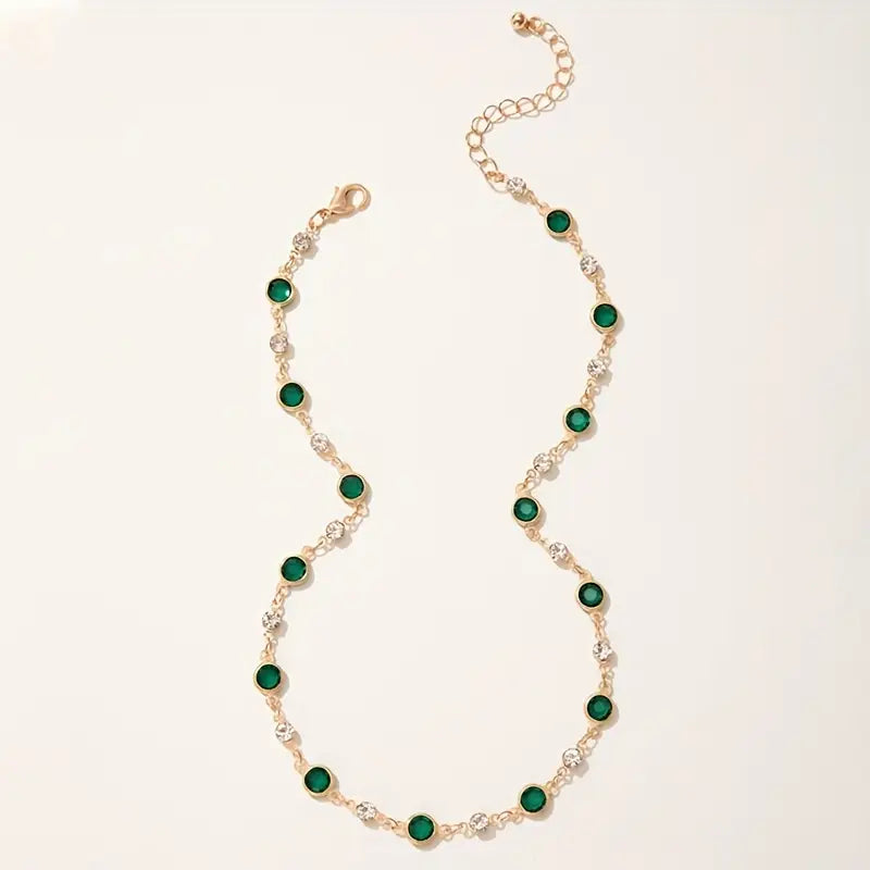 Green Stone Station Chain Necklace in Gold Tone