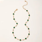 Green Stone Station Chain Necklace in Gold Tone