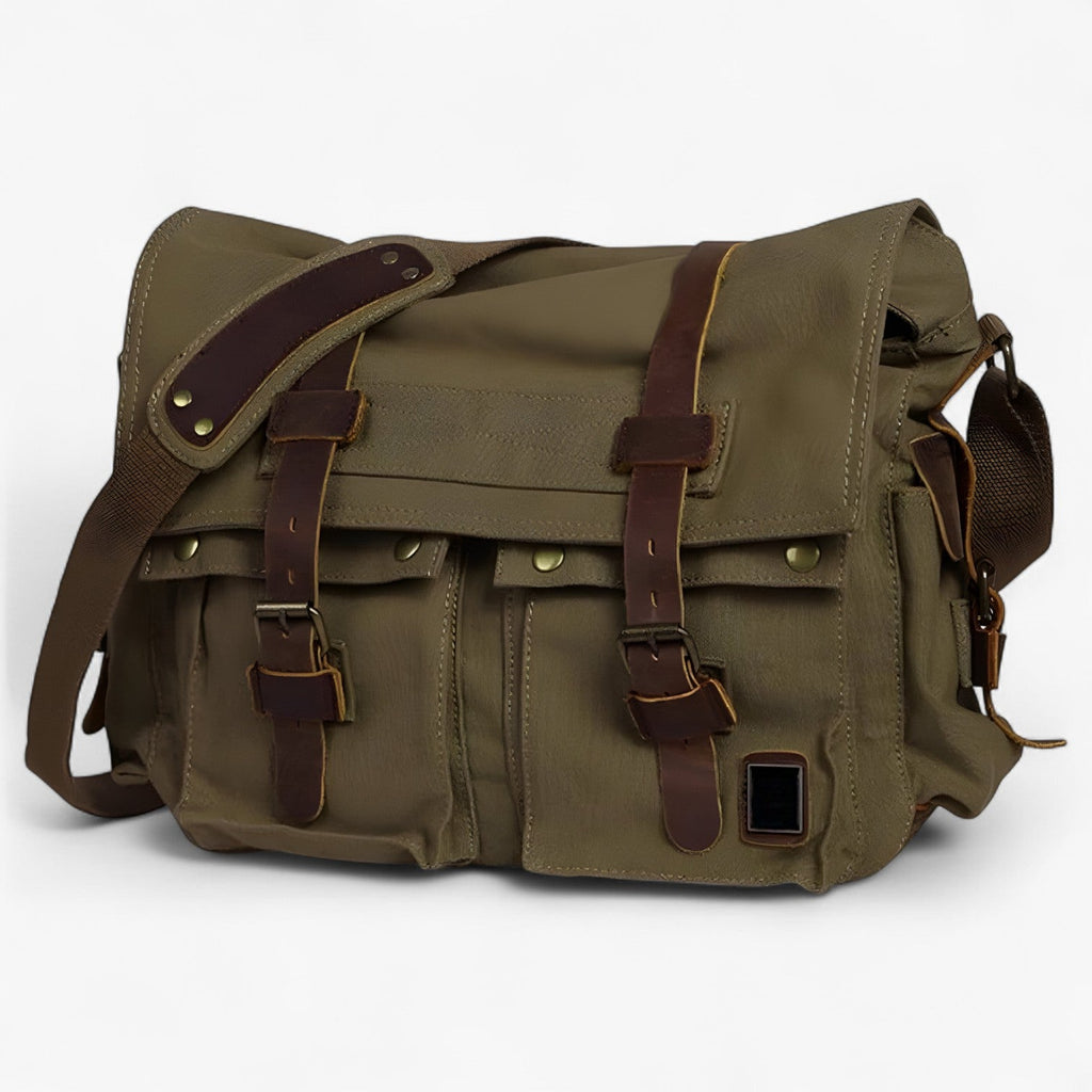 Vintage Military-Style Green Canvas Laptop Shoulder Bag