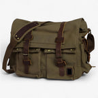 Vintage Military-Style Green Canvas Laptop Shoulder Bag