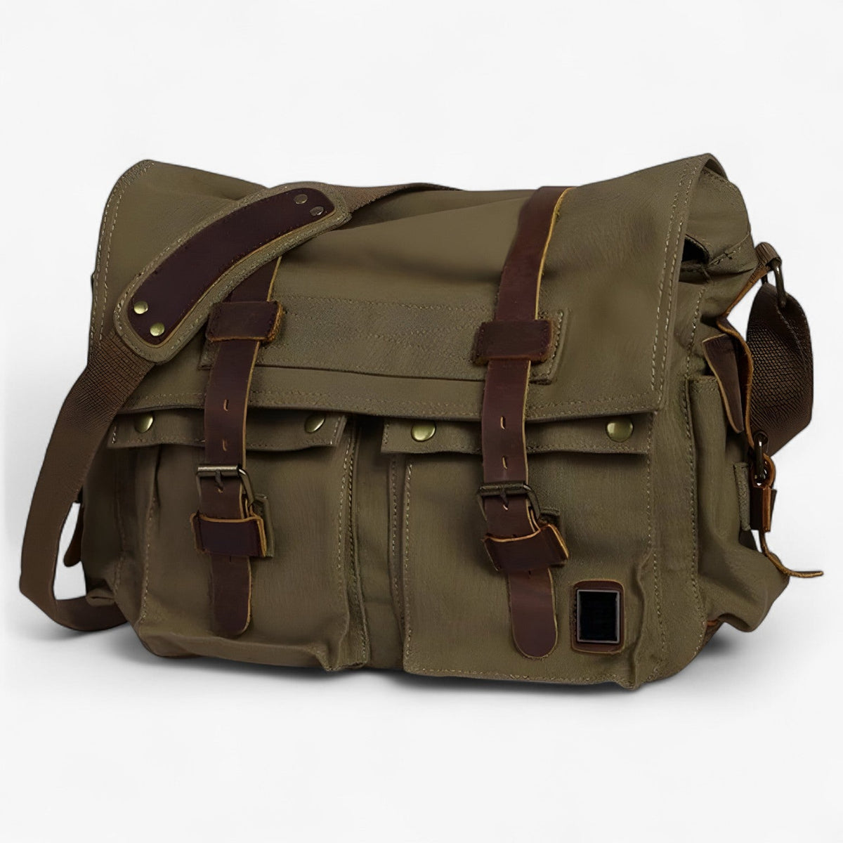 Vintage Military-Style Green Canvas Laptop Shoulder Bag