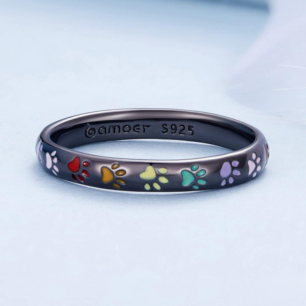 Enamel Paw Print Band Ring with Engraved Message