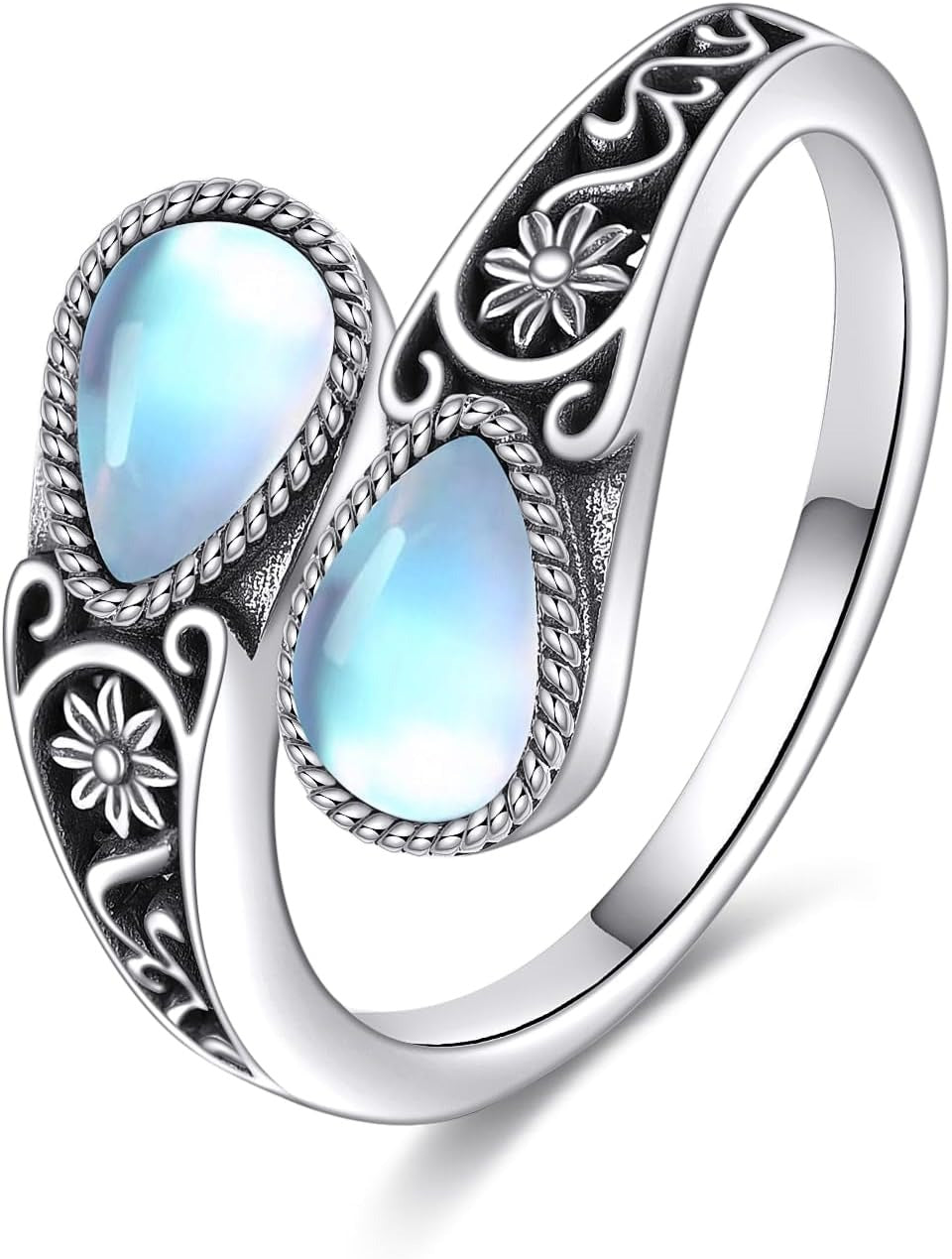 Twin Moonstone-Look Bypass Ring with Filigree Band