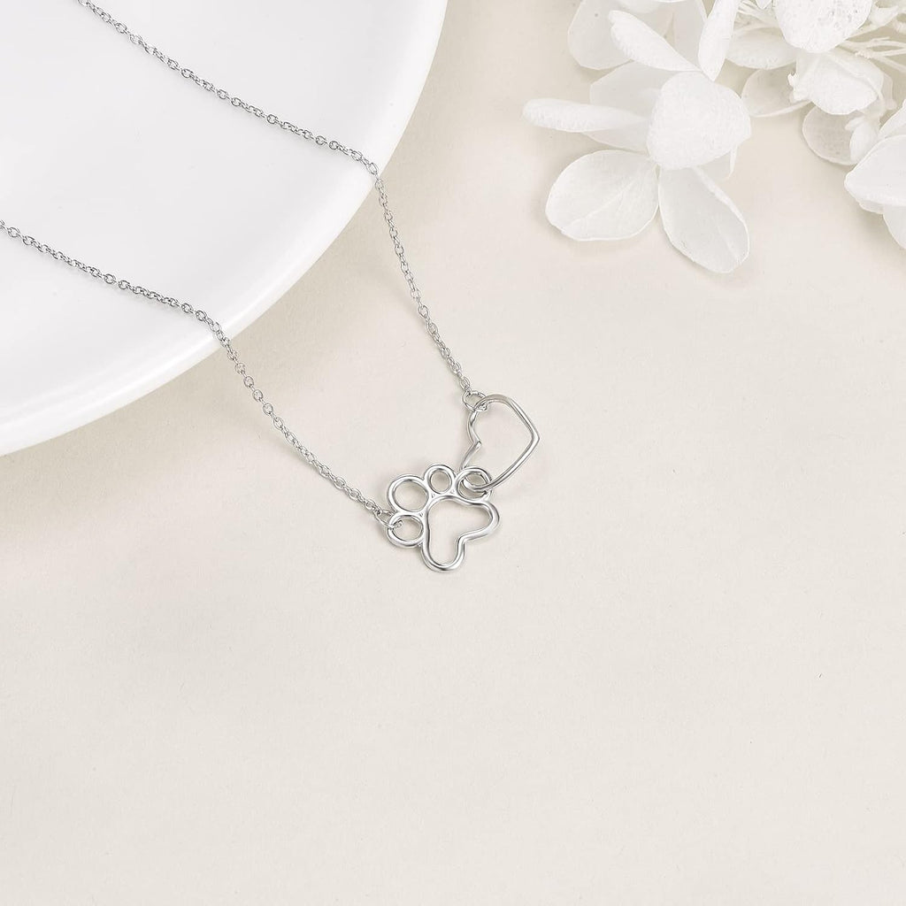 Sterling Silver Paw Print Necklace with Heart Crystal Pendant