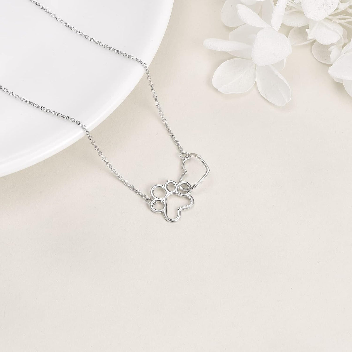 Sterling Silver Paw Print Necklace with Heart Crystal Pendant