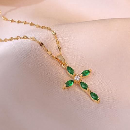Emerald-Look Cross Necklace in Gold Tone