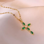 Emerald-Look Cross Necklace in Gold Tone