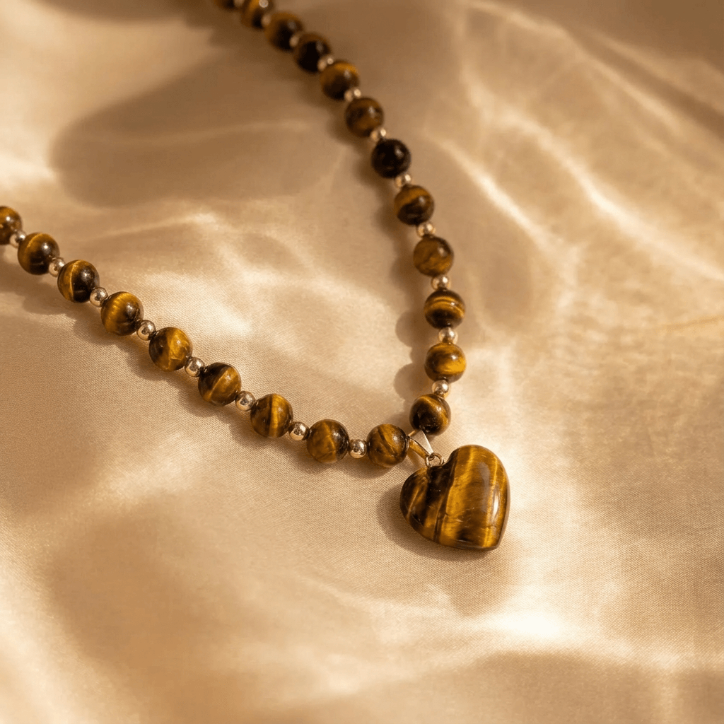 Tiger's Eye Beaded Heart Pendant Necklace